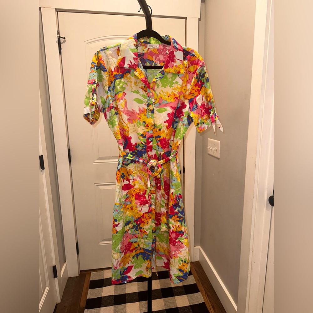 Chloe + Rene Size‎ Large Floral Multicolor Button Up Belted Midi Dress